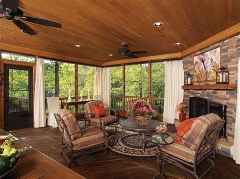 Rustic Screened Porch With Wood Ceiling Country House Design Indoor