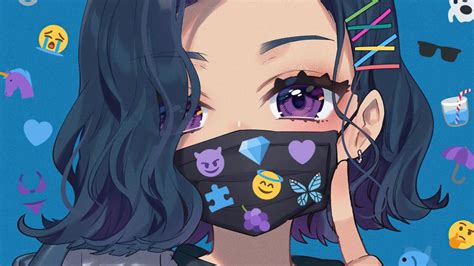 Chica anime con ojos morados con tapabocas Fondo de ...