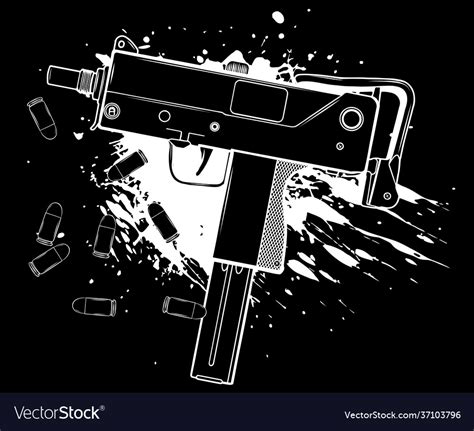 White Silhouette Army Uzi Weapon With Bullets Vector Image