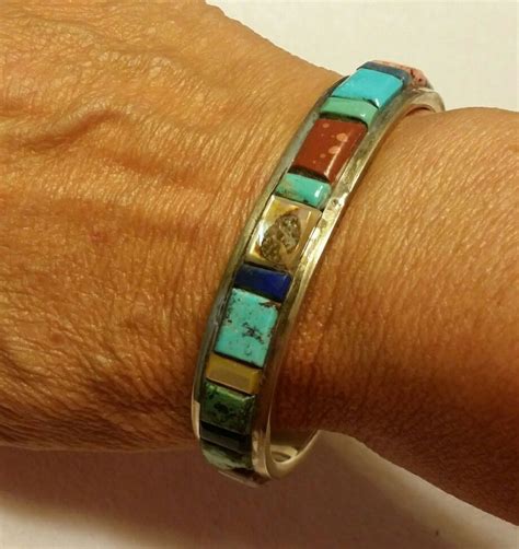 NAVAJO Native American Signed Multi Stone Inlay Bracelet Handcrafted