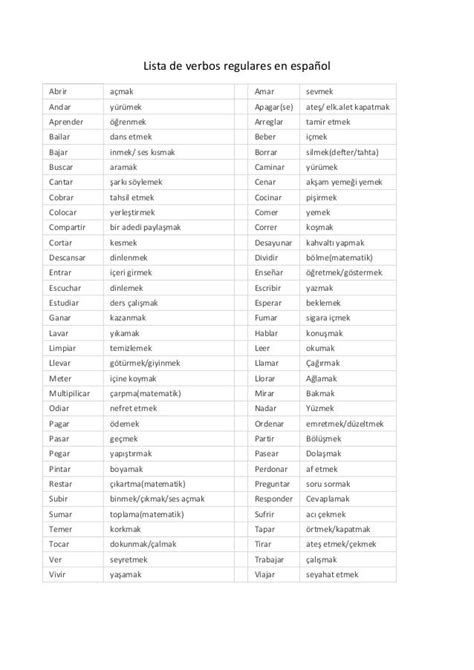 Lista De Verbos Regulares En Espanol