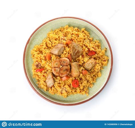 Plate With Rice Pilaf And Meat On White Background Stock Photo Image