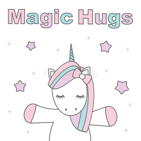 Cute Cartoon Vector Magic Hugs Card With Unicorn And Stars Stock Vector