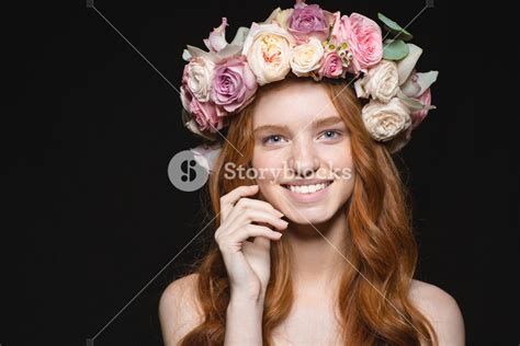 smiling redhead woman with wreath from flowers on head royalty free stock image storyblocks