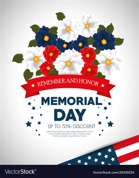 Happy Memorial Day With Beautiful Flowers And Usa Vector Image