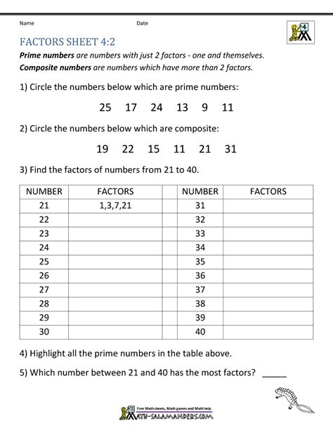 Prime Numbers Factors And Multiples Worksheet