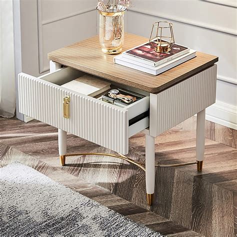 Modern White Bedside Table Wood Top Contemporary Wooden Nightstand With