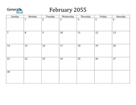 February 2055 Calendar Pdf Word Excel