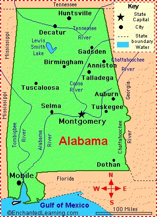 This map shows many of alabama's important cities and most important roads. Alabama: Facts, Map and State Symbols - EnchantedLearning.com