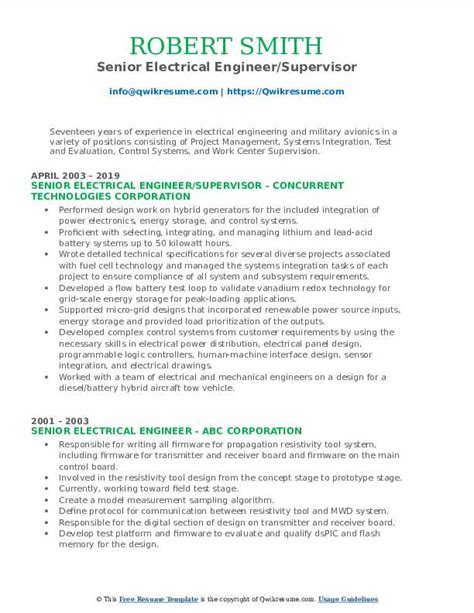 Electrician resume sample + resume making guide +12 resume examples to land your next job! Senior Electrical Engineer Resume Samples | QwikResume