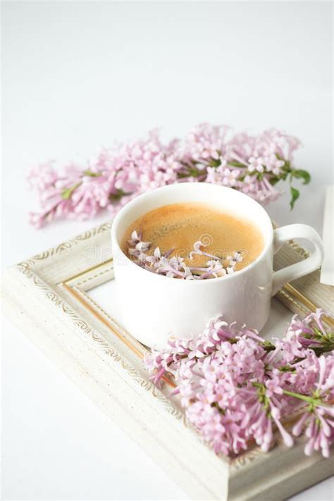 Modern Still Life With Lilac Flowers Frame And Cup Of Coffee On White