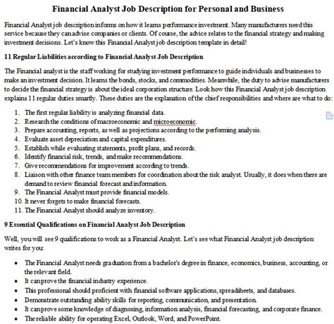 View the financial analyst job description for information and details about this position. Financial Analyst Job Description for Personal and ...