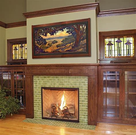 Craftsman Style Fireplace With Stained Glass Windows On Either Side
