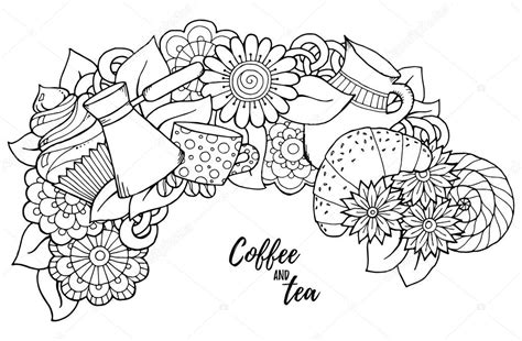 Download Pattern with coffee cezve, pot, jug, tea cup, croissant, cupcake, sweets, flowers. For coloring ...