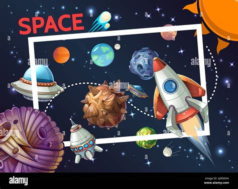 Cartoon Cosmic Template With Rectangular Frame Rocket Spaceship Ufo
