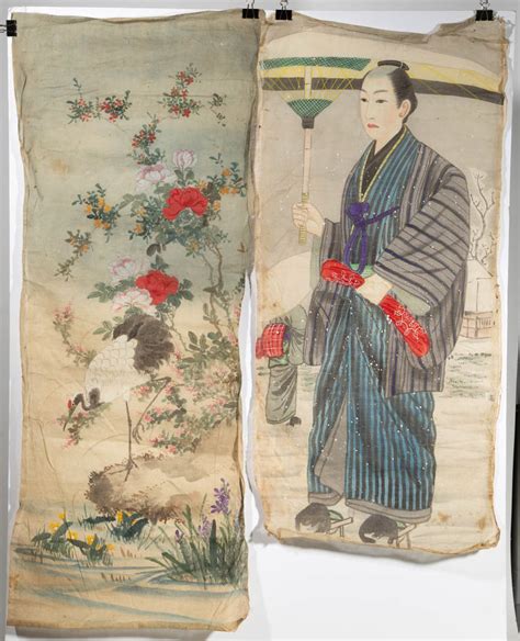 Antique Japanese Watercolor Paintings On Silk Lot Of Two Jeffrey S
