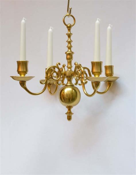 Small Four Candle Branch Polished Brass Dutch Chandelier Denton Antiques