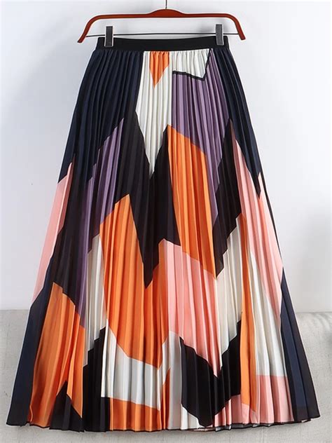 Tigena Women Pleated Skirt Fashion Contrast Color Geometric A Line High