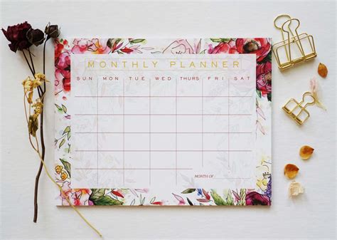 Red Floral Monthly Calendar Desk Pad Desk Calendar Agenda Etsy Desk