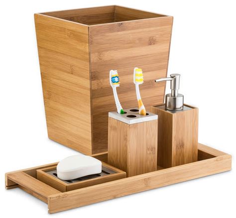 Complete your bathroom decorations with bamboo wooden bathroom accessories & bath sets. Home Basics Natural Bamboo Bathroom Accessory Set - Modern ...