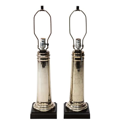 Pair Of Large Vintage Mercury Glass Lamps With Black Drum Shades At 1stdibs