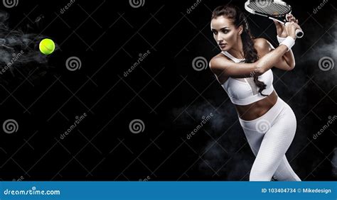 Beautiful Sport Woman Tennis Player With Racket In White Sportswear