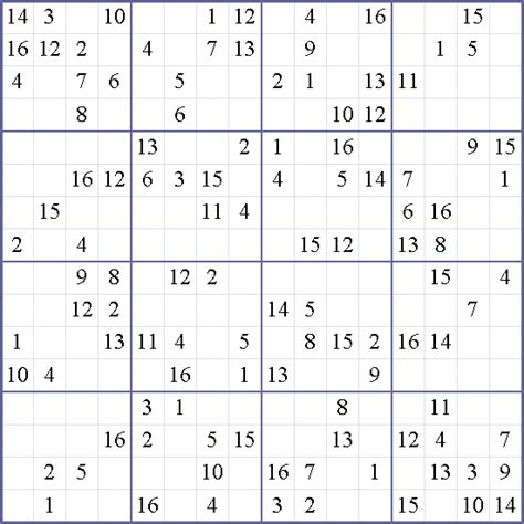 Hexadoku is a variant of classical sudoku, also called giant sudoku, of size 16 by 16, with inner squares of 4x4. Sudoku Weekly - Free Online Printable Sudoku Games! 16x16 hard Puzzle