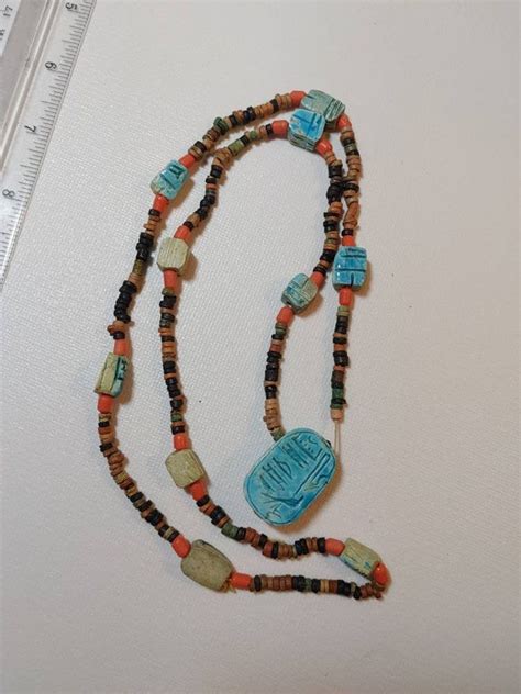 Antique Egyptian Faience Coral Bead Scarab Necklace Gem