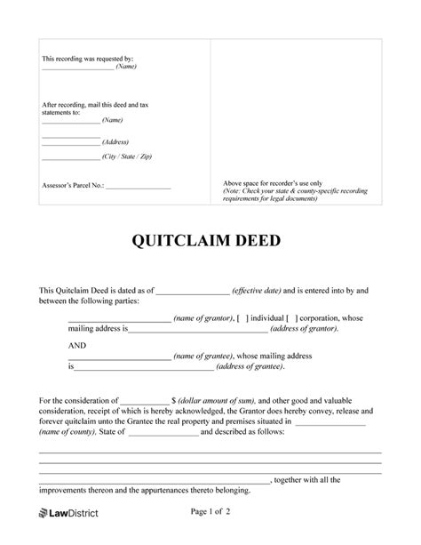 Quitclaim Deed Form Free Document Lawdistrict