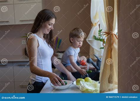 Kitchen Mom Son Wash Fruits And Vegetables Stock Image Image Of