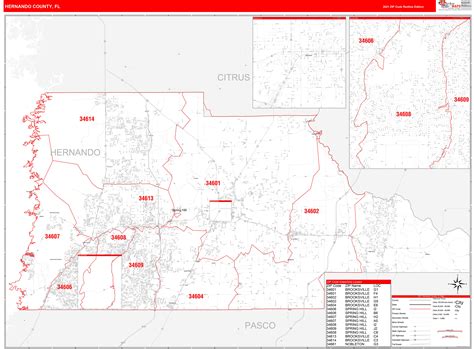 Hernando County, FL Zip Code Wall Map Red Line Style by MarketMAPS