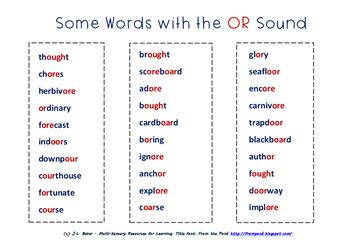 Includes a pictures and long vowel sound introduction. "OR" Sound Words - Sorting Them Out. Middle Primary Phonics & Spelling Resource