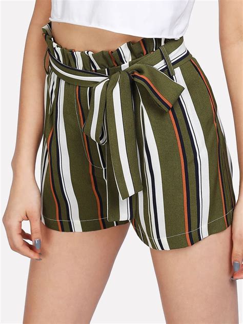 Shop Self Belt Ruffle Waist Striped Shorts Online Shein Offers Self