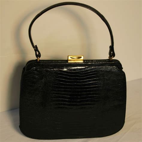 Vintage 40s 50s Palizzio Very New York Black Lizard Handbag W Mirror