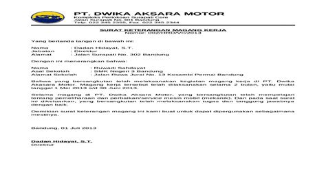 Contoh Surat Keterangan Magang Kerja Dari Perusahaan