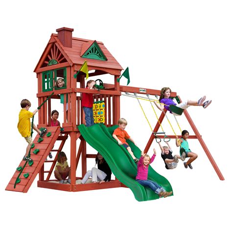 Gorilla Playsets Double Down Wooden Swing Set With 2 Slides Built In