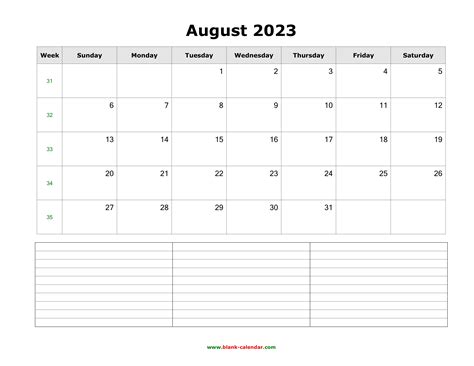 Download August 2023 Blank Calendar With Space For Notes Horizontal