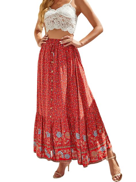 Womens Summer Boho Floral High Waist A Line Skirt Ruffle Beach Midi