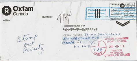 The main contrast is a twofold space between the region and the completion zip code. Postal History Corner: Oxfam-Canada Stamp Programme