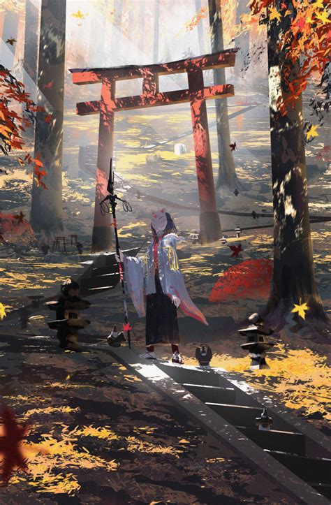 Safebooru 1girl Absurdres Asteroid Ill Autumn Leaves Forest Fox Mask Highres Holding Holding