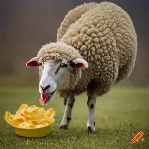 Funny Sheep Eating Potato Chips In A Field