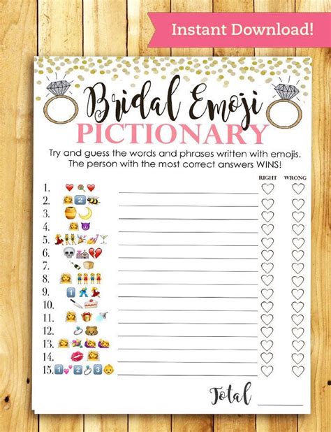Bridal Shower Game Pictionary EMOJI Pictionary Coral And Gold Instant Printable Digi
