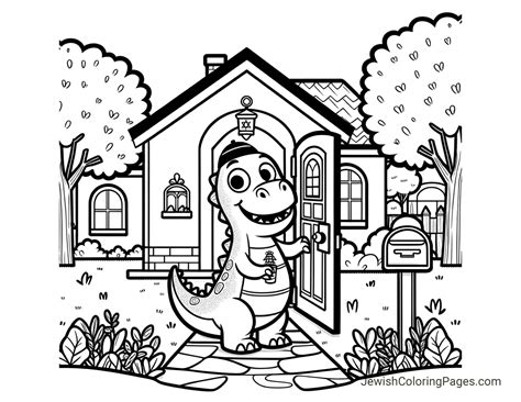 Shabbat Dinosaur Knocking on the Door; Free Printable Coloring Page