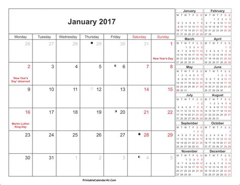January 2017 Calendar With Holidays Usa Uk Canada Singapore India