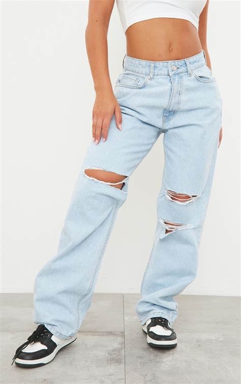 Light Blue Wash Baggy Low Rise Ripped Boyfriend Jeans Prettylittlething