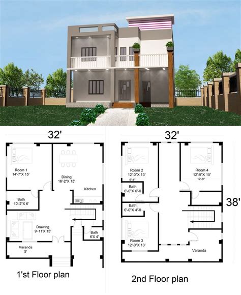 Simple 2 Storey House Design With Floor Plan 32x40 4 Bed Room 2