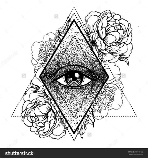 Blackwork Tattoo Flash All Seeing Eye Pyramid Symbol With Peony Flower