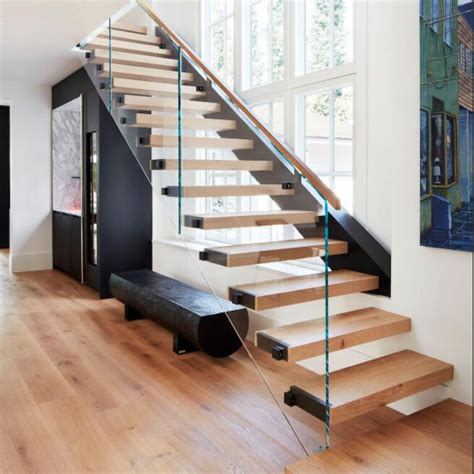 Modern Straight Stairs Staircase With Wood Tread And Glass Railing