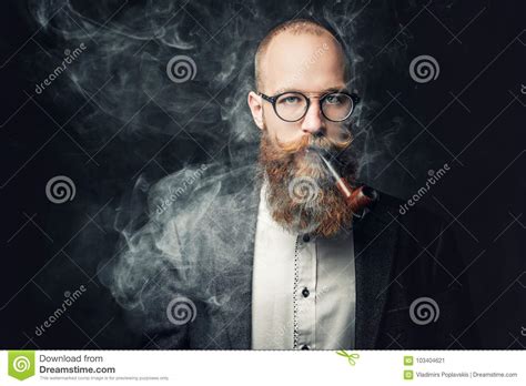 A Man Smoking Pipe Over Grey Background Stock Image Image Of