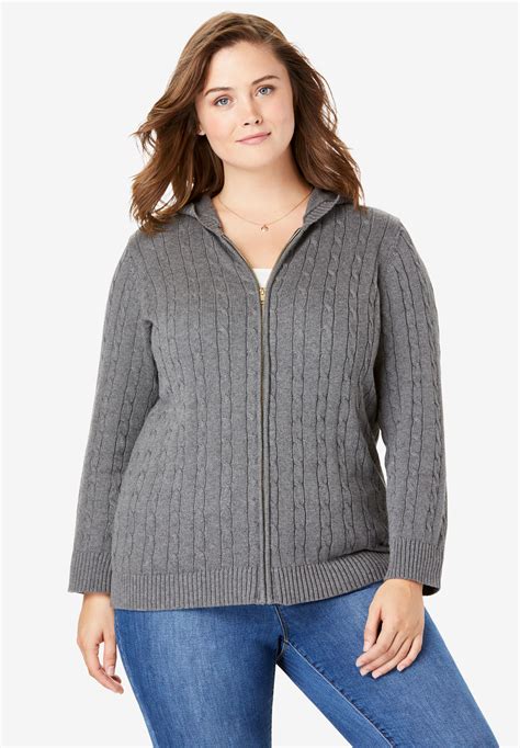 Cable Knit Zip Front Cardigan Plus Size Cardigans Woman Within